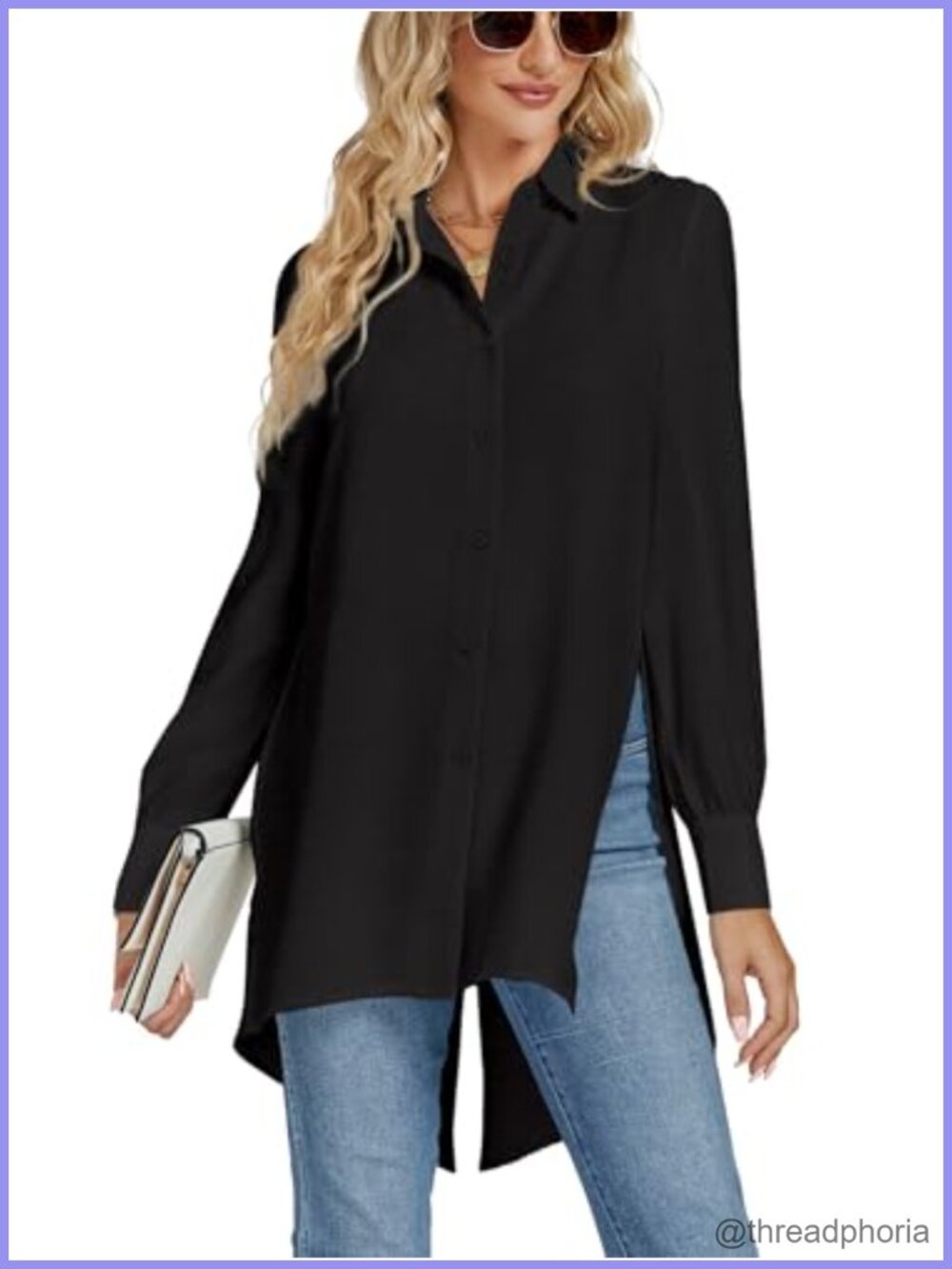 LYANER Collar V Neck Button Down Long Sleeve Tunic Top Casual Office Blouse